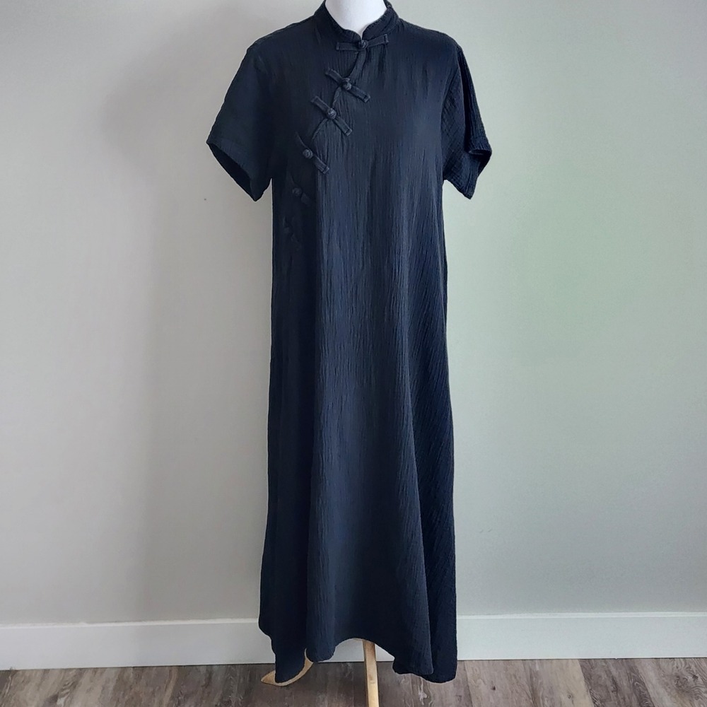Cotton Muslin Gauze Maxi Dress Womens Medium Black Frog Closure Artsy Zen Earthy